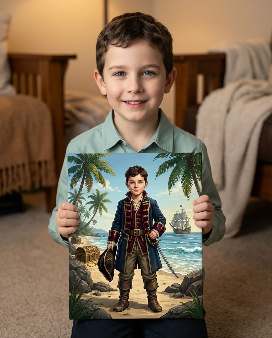 Happy child holding colorful personalized portrait
