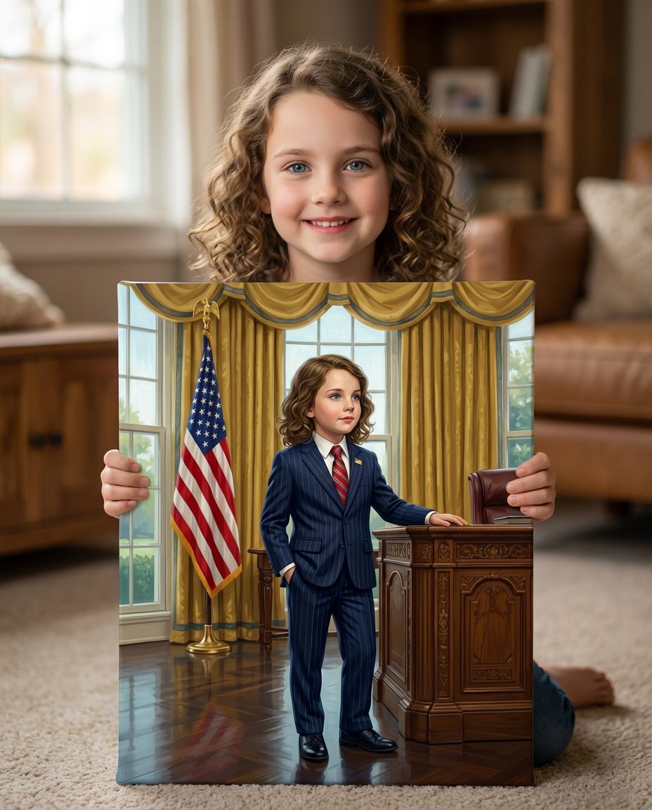Happy child holding superhero portrait