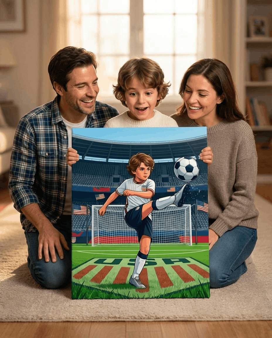 Kid holding sports themed personalized portrait